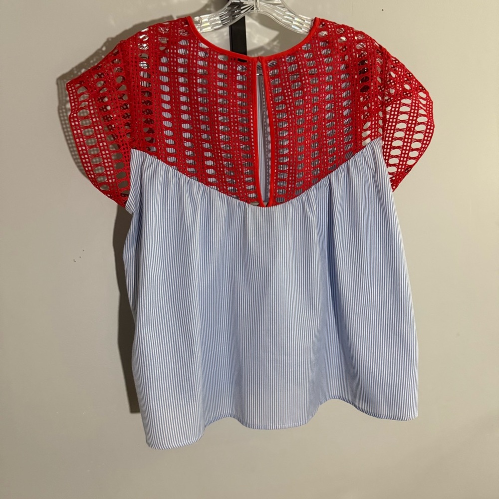 Anthropologie Red Crochet & Blue Stripe Cap-Sleeve Blouse